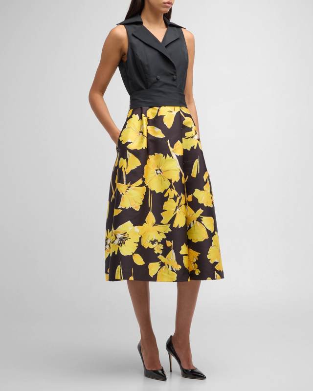 Sleeveless Floral-Print Taffeta Midi Shirtdress